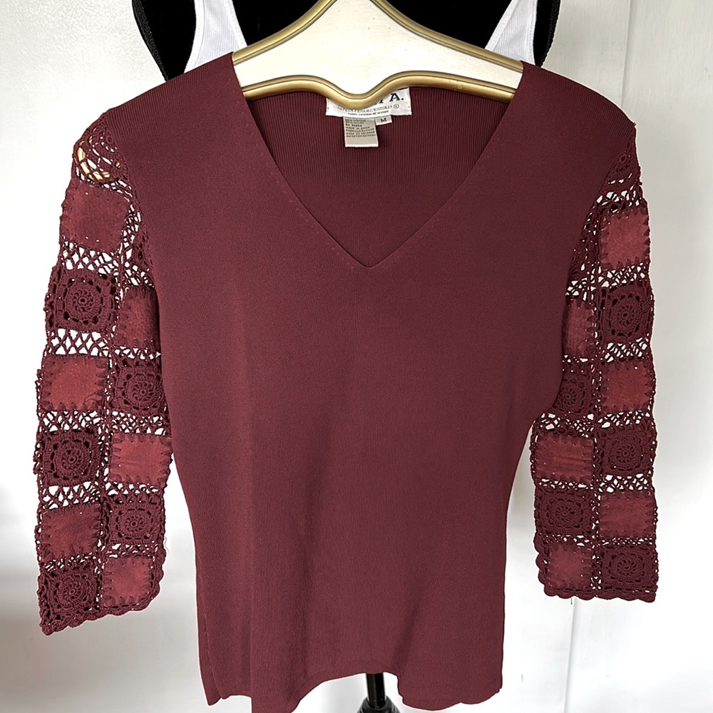 Vintage Joseph A. V-Neck Sweater w/ Crocheted & Suede Sleeves